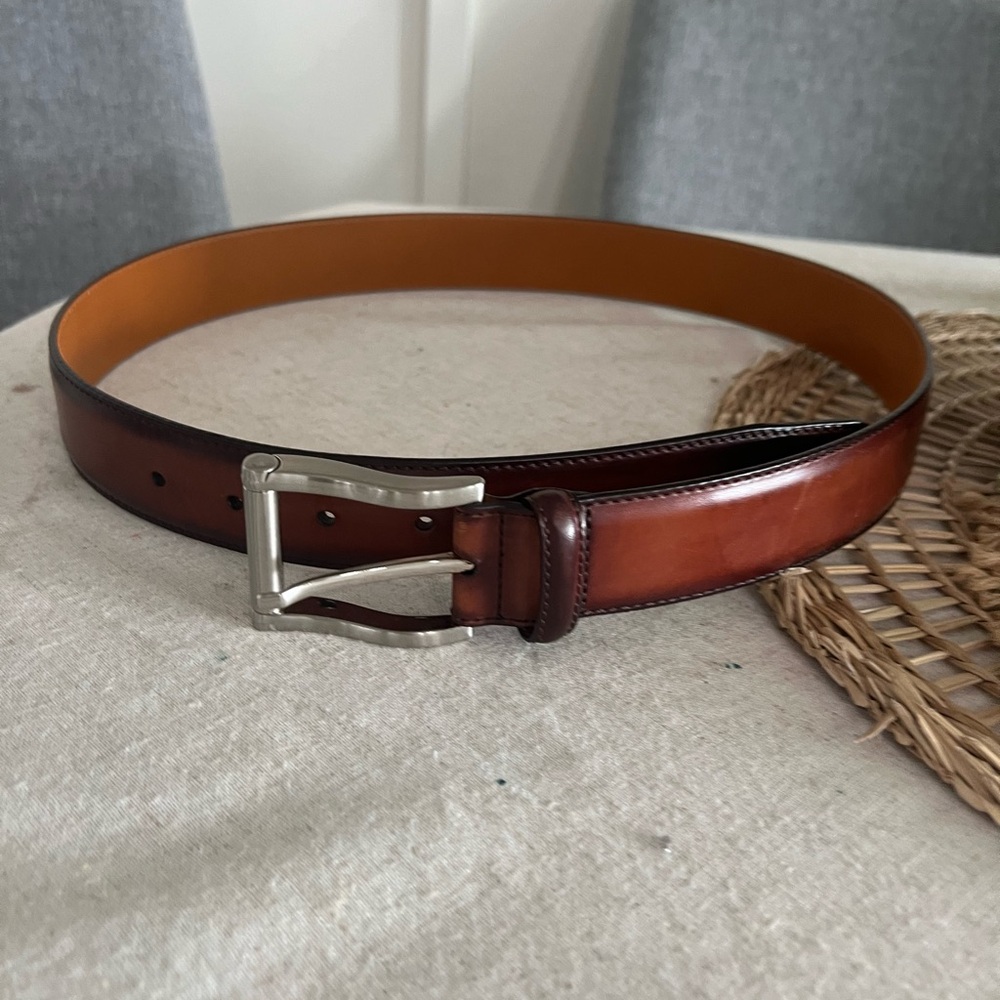 Magnanni Men’s Size 30-32 Cognac Brown Carbon Leather Belt Silver Buckle Spain
